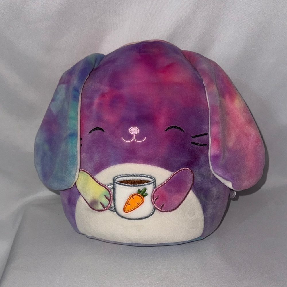 Squishmallows 8” Candy the Tie-Dye Bunny Easter Edition Carrot Cup NWT